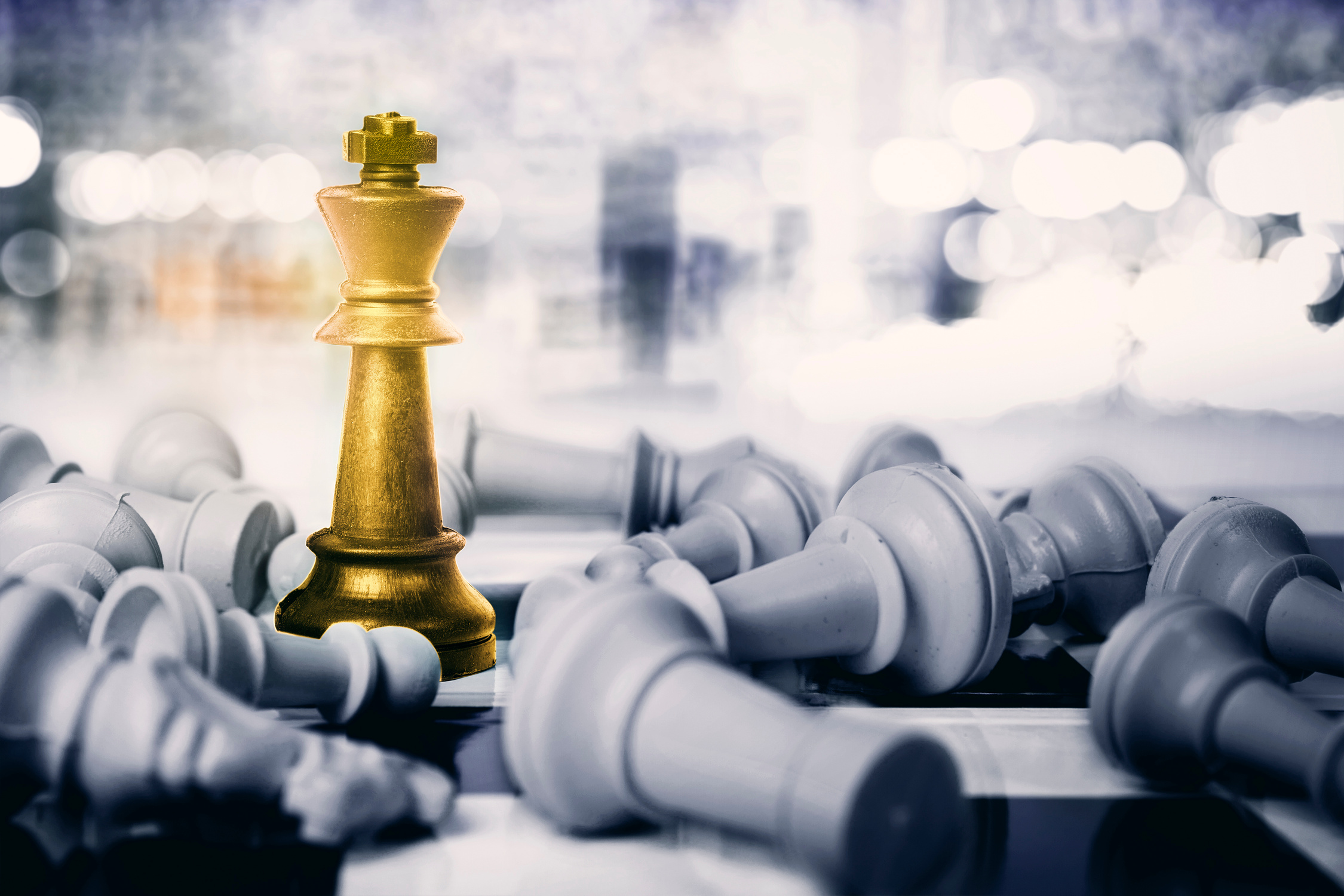 Gold King Chess Defeating White Chess Pieces