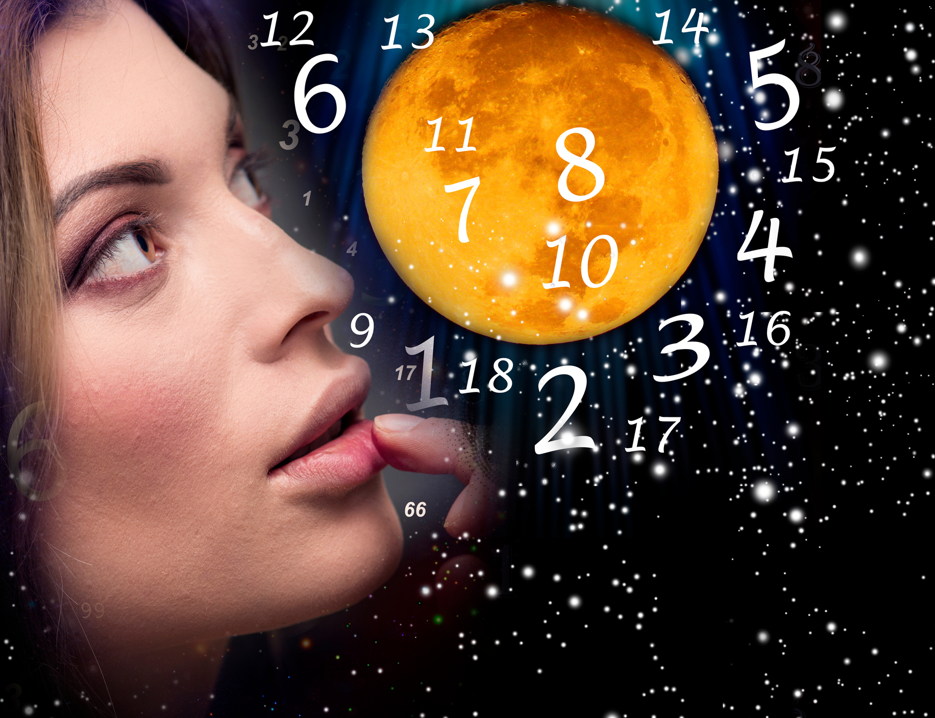 Woman looks at the full moon and numbers, numerology