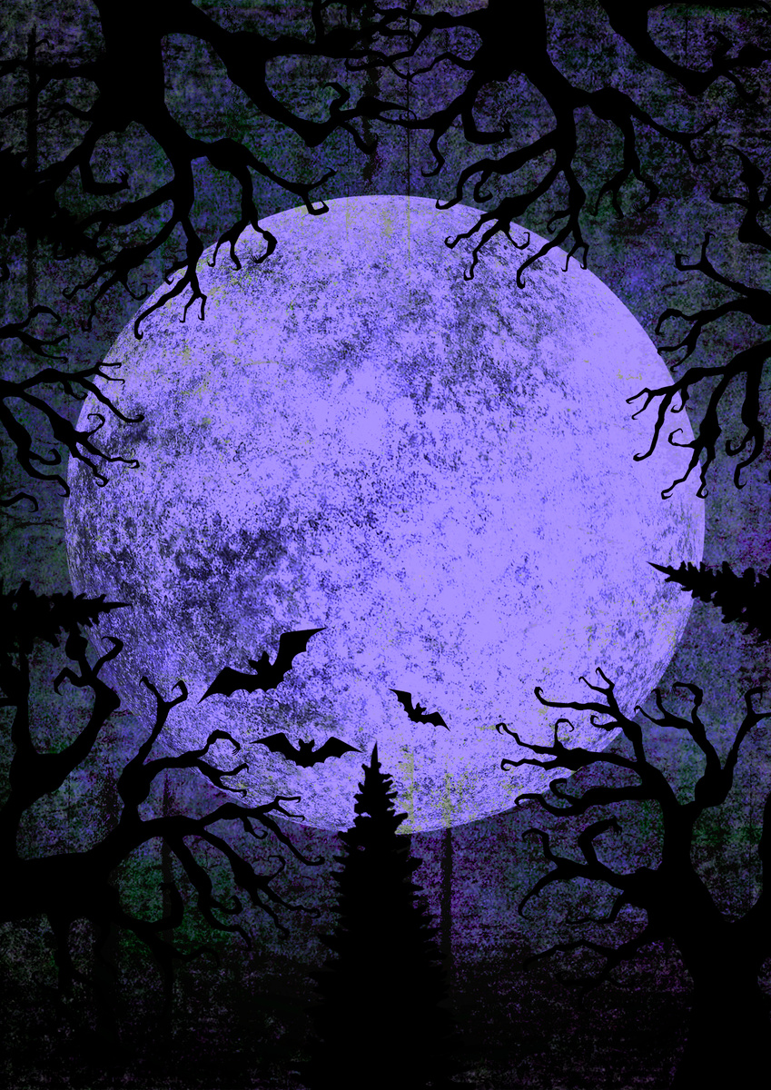 Halloween Moon, Trees and Bats Background