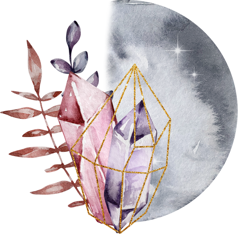 Watercolor moon with crystal and floral