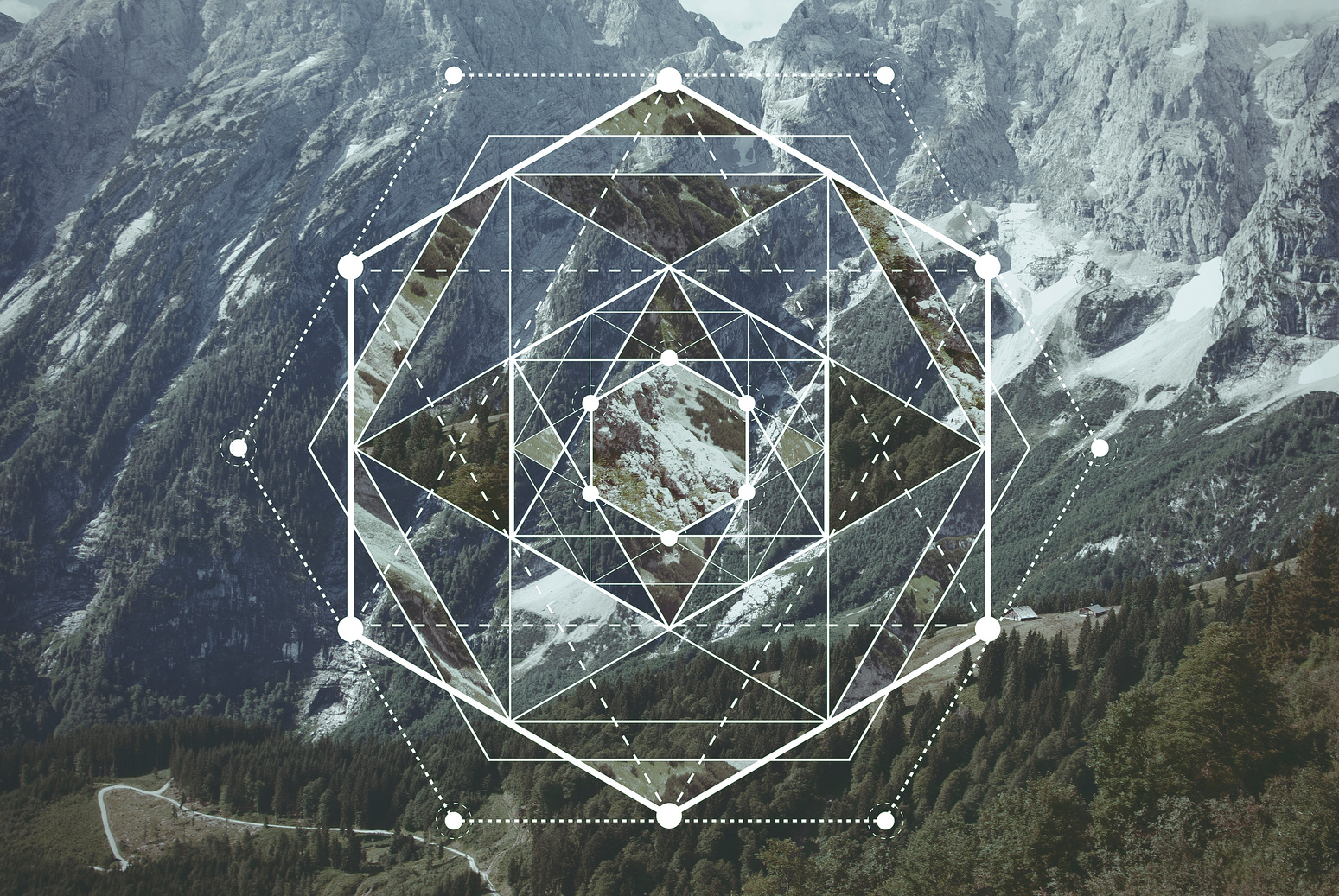 Collage with the mountains and forest and the sacred geometry symbol