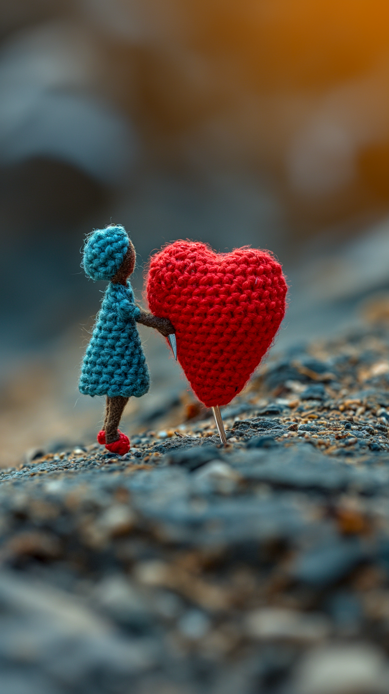 Tiny doll carrying a big crocheted red heart