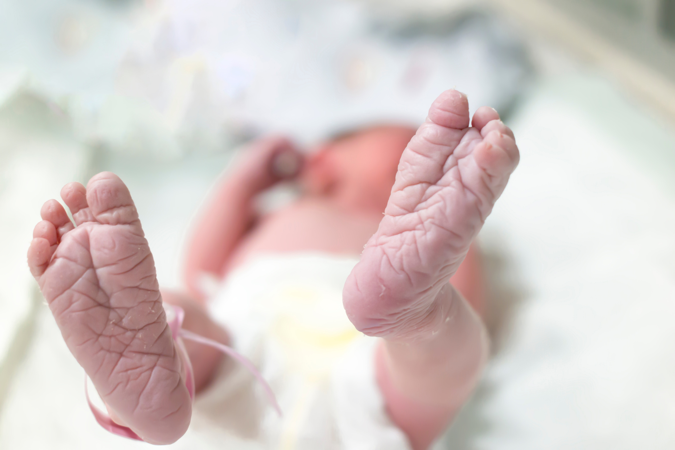 Newborn little baby feet in hospital. newborn baby girl in baby hat. premature baby