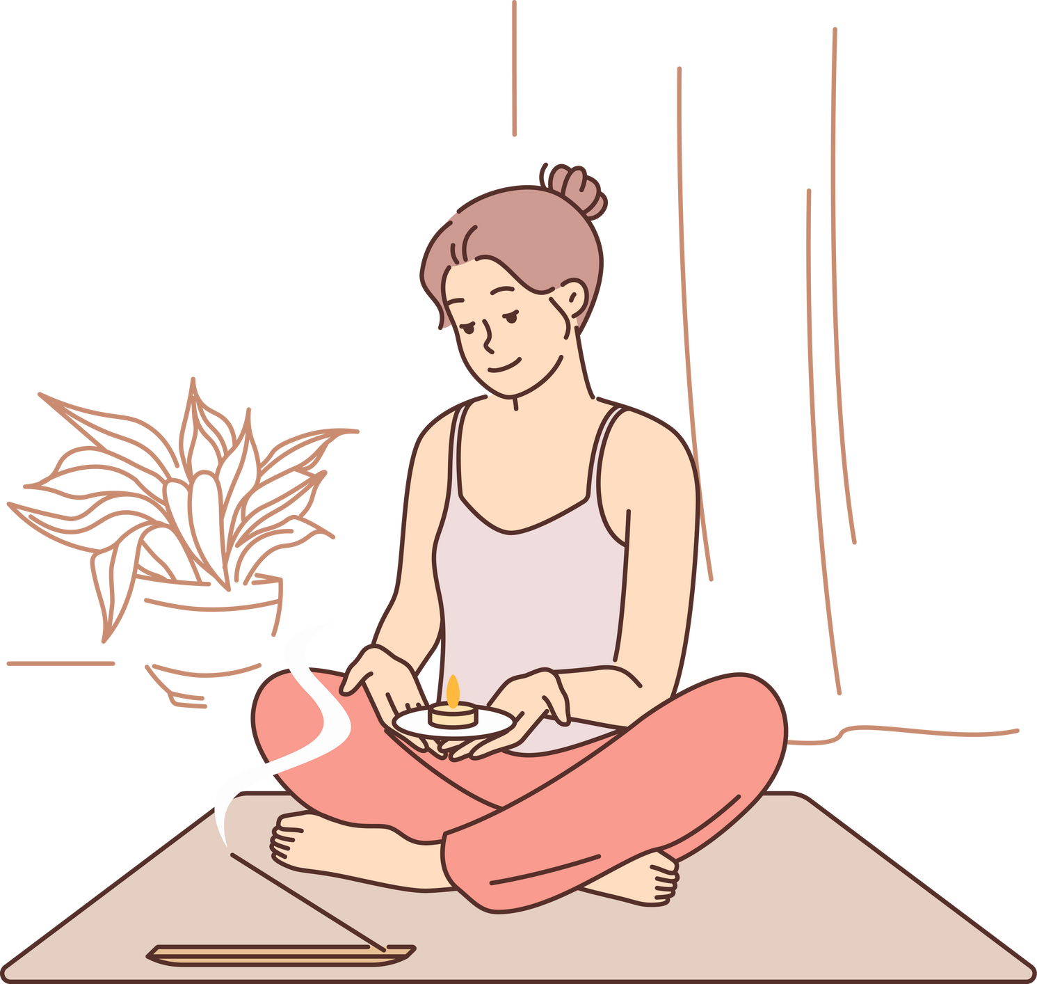 Meditating woman does yoga and uses aroma candles during spiritualistic session.