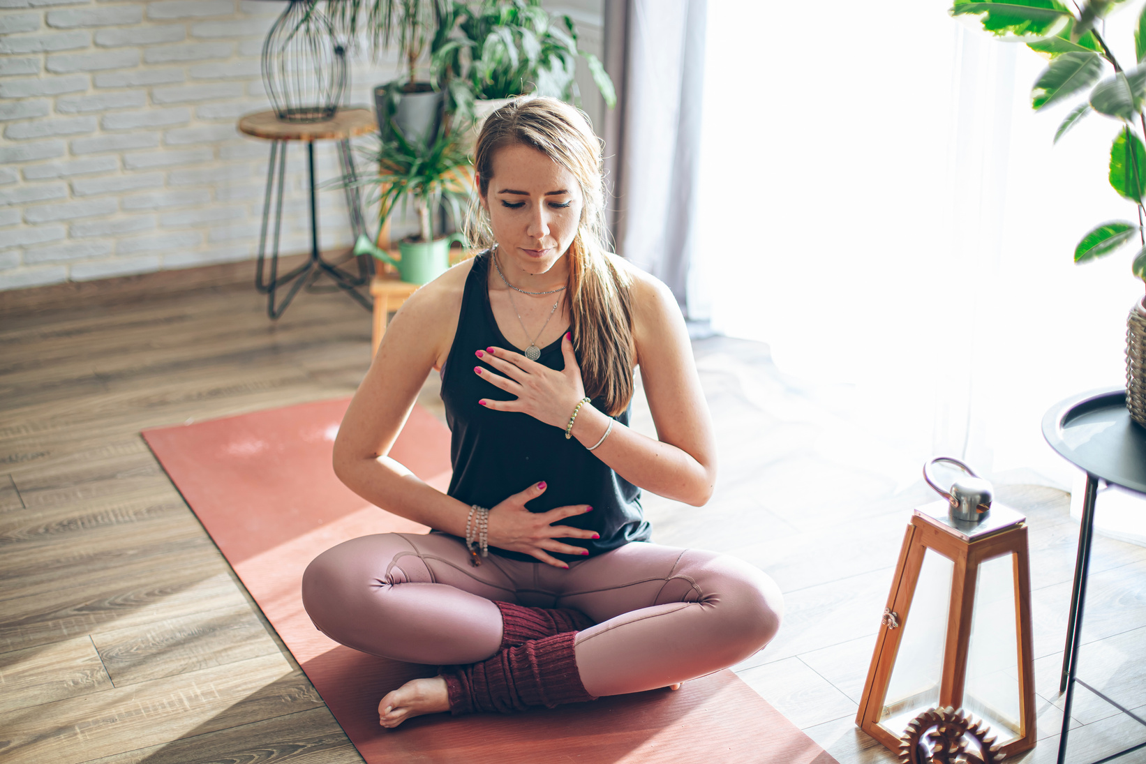 Online yoga class, breathing exercise