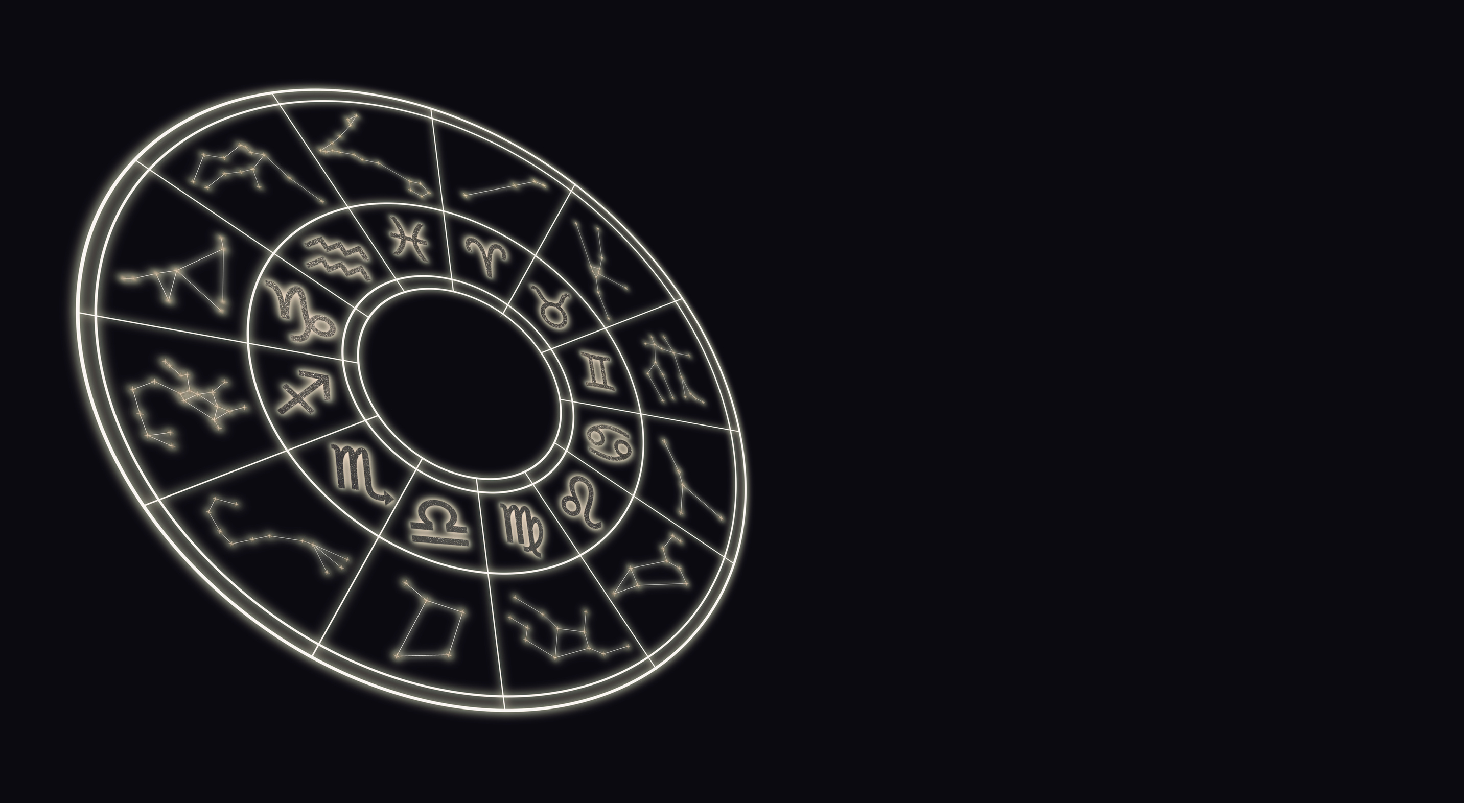 Astrology and horoscopes concept. Astrological zodiac signs in circle on starry background.