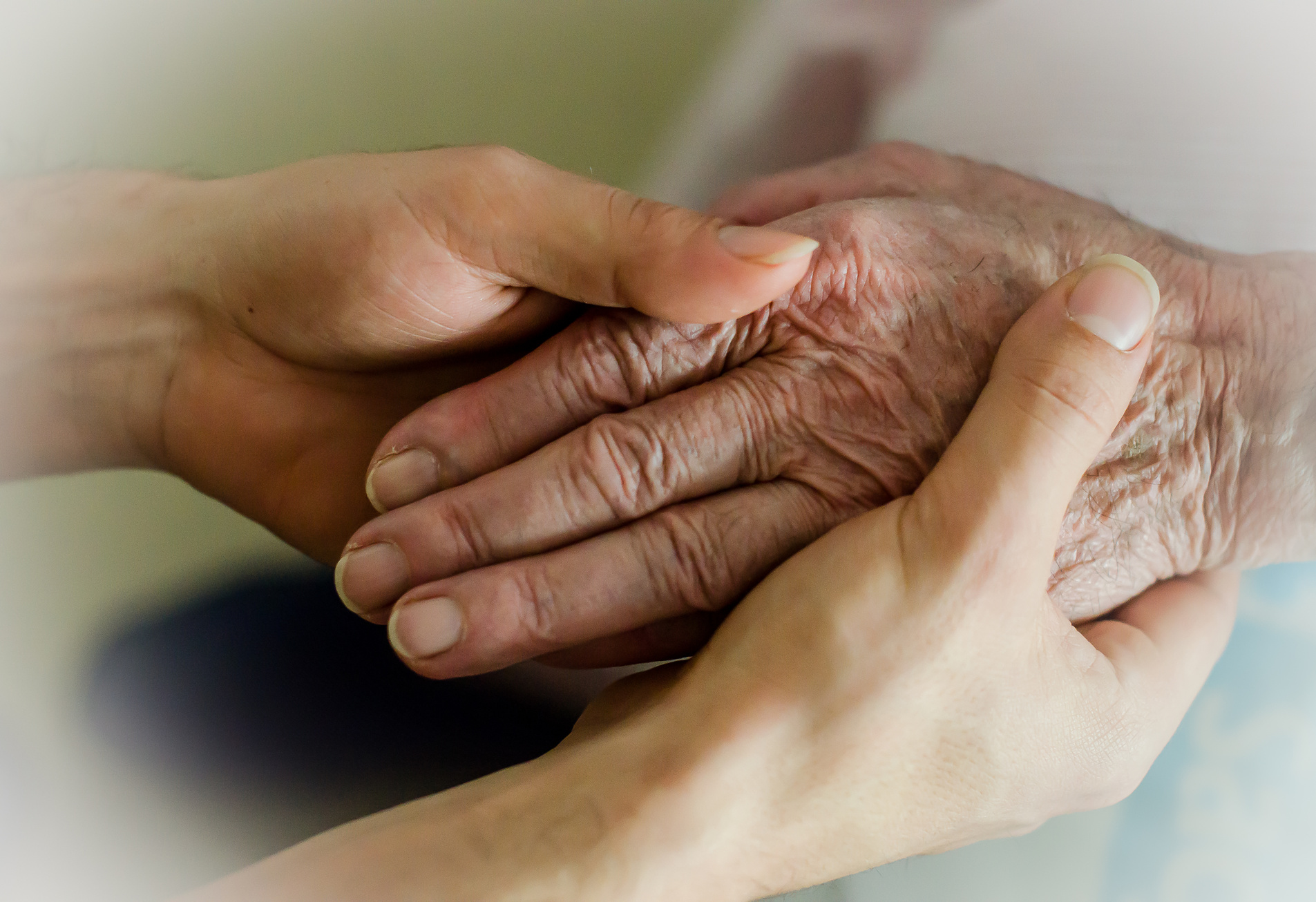 Elderly hand holding grandchild's hand.