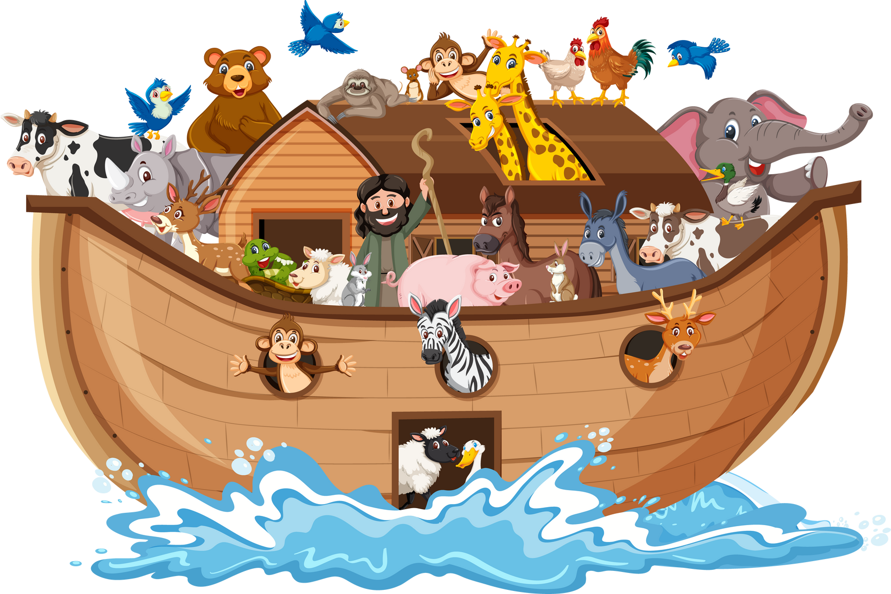 Animals on Noah's ark with sea wave isolated on white backgr